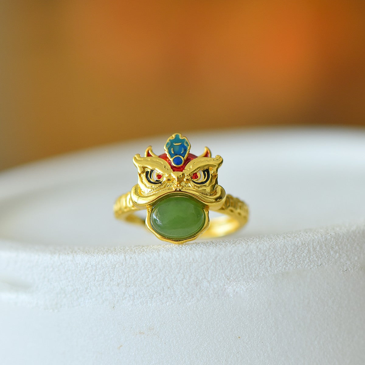 S925 Sterling Silver Nephrite Jade Lion Dance Cabochon Ring