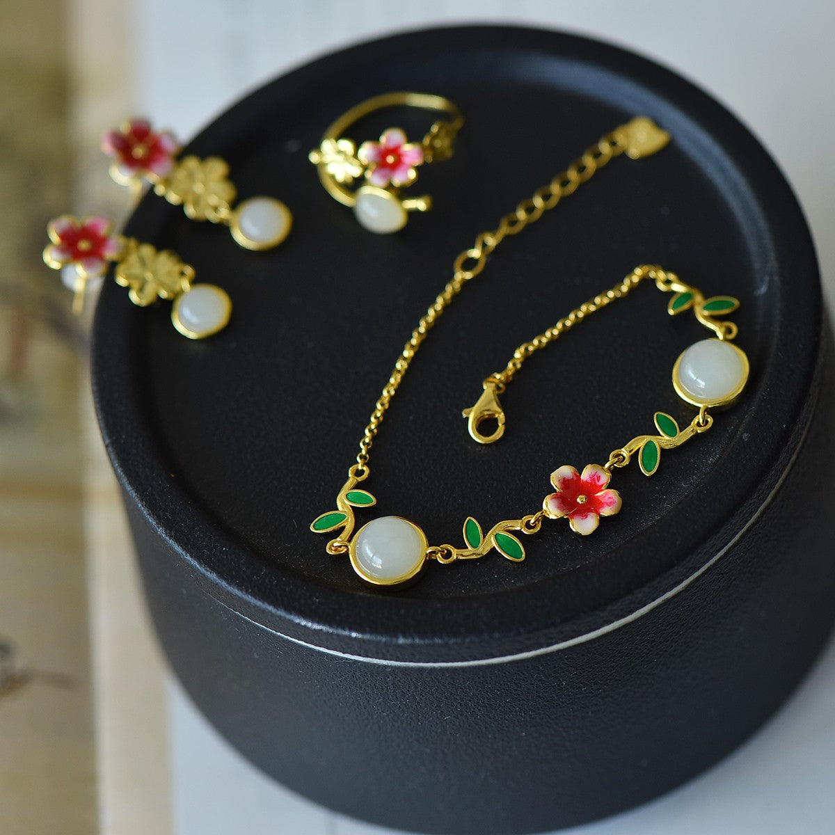 S925 Sterling Silver Nephrite Jade Peach Blossom Simple Jewelry Set