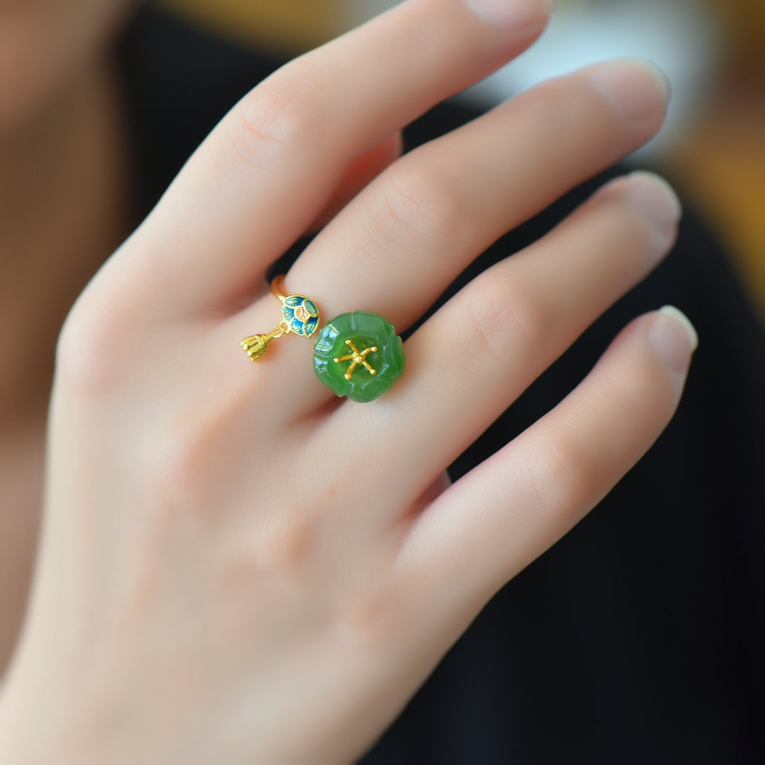 S925 Silver Nephrite Green Jade Lotus & Pod Ring - Artisan Crafted