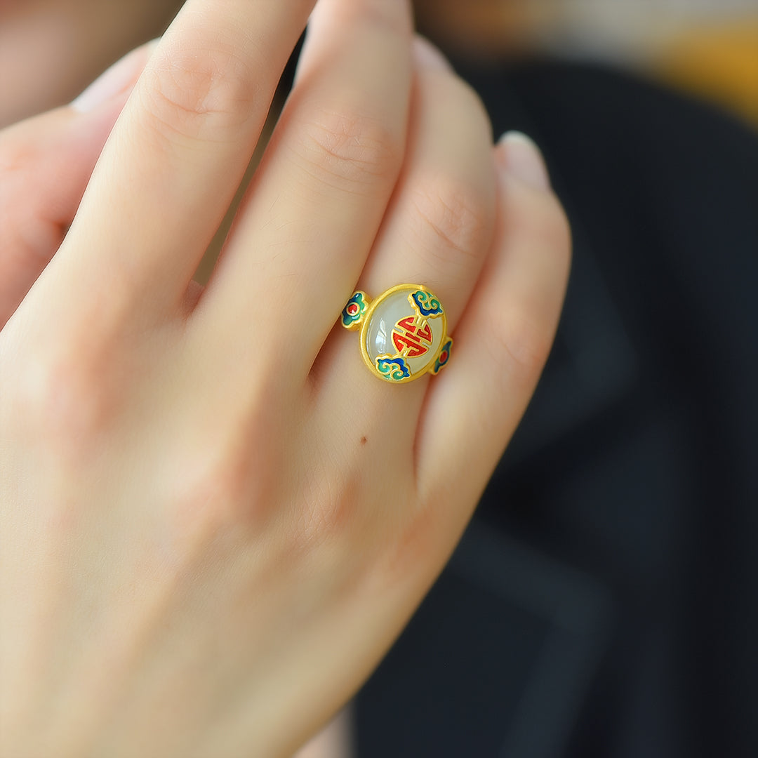 S925 Silver Enamel Nephrite Jade Cabochon Success Ring