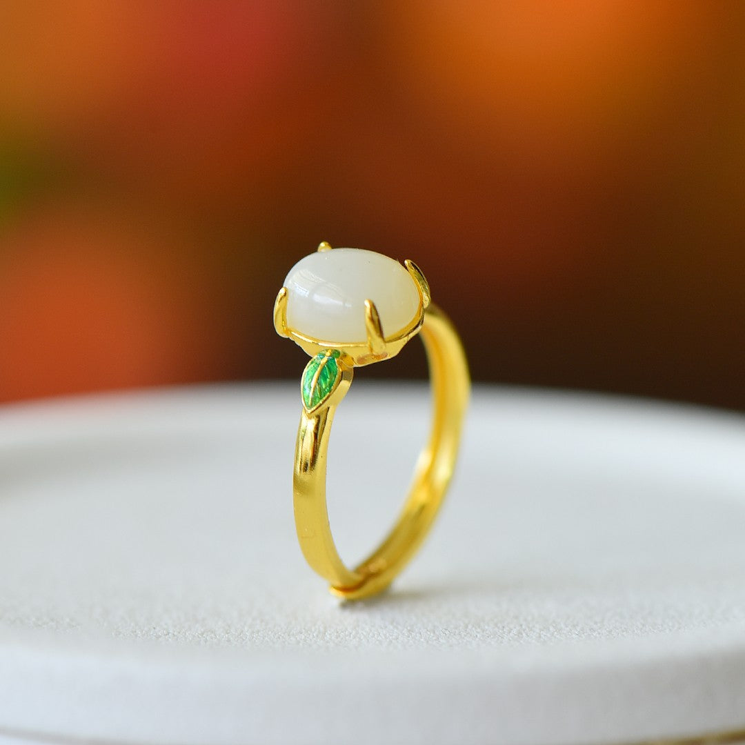S925 Silver Enamel Nephrite Jade Noble Leaf Ring - Elegant Blossom