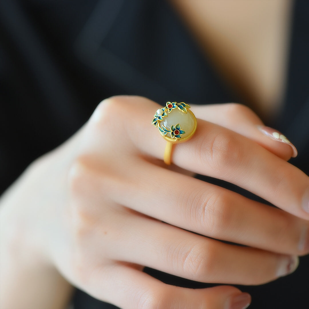 S925 Silver Enamel Nephrite Jade Ring - Modern Fashion Jewelry