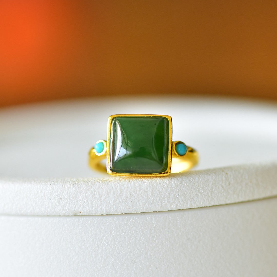 S925 Sterling Silver Nephrite Green Jade Elegant Square Ring