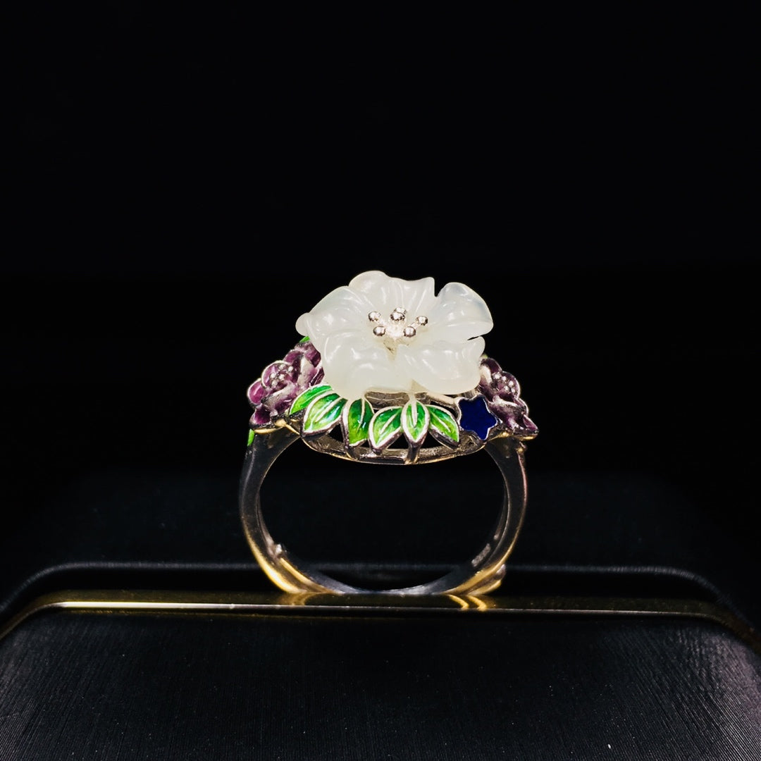 S925 Silver Enamel Nephrite Jade Five-Petal Flower Ring - New Trend