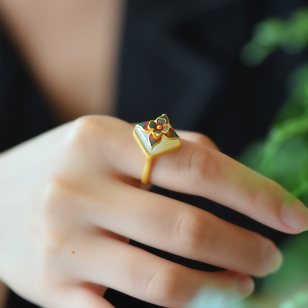 S925 Sterling Silver Nephrite Jade Romantic Four-Leaf Clover Ring