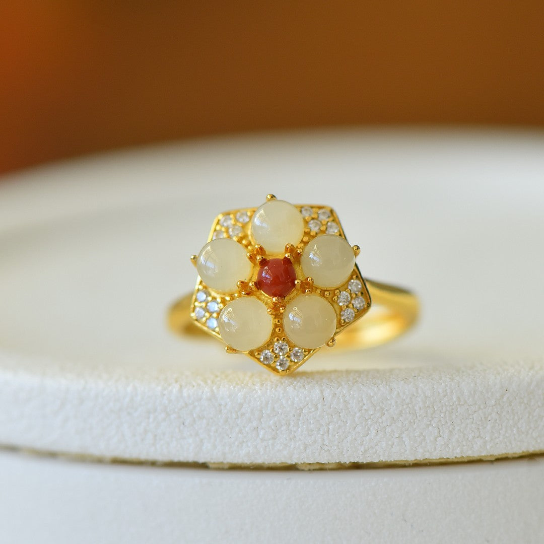 S925 Sterling Silver Nephrite Jade Five-Petal Flower Ring - Delicate