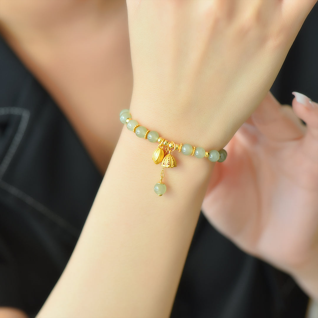 S925 Sterling Silver Nephrite Jade Bangle - Hollow Luck Charm Design