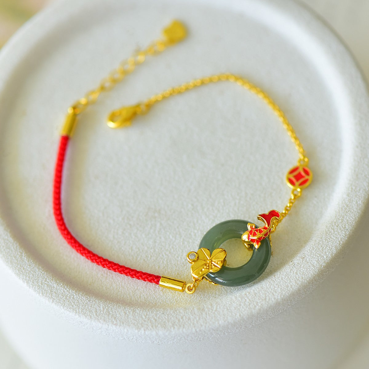 S925 Sterling Silver Enamel Nephrite Jade Bangle - Success Fish Motif