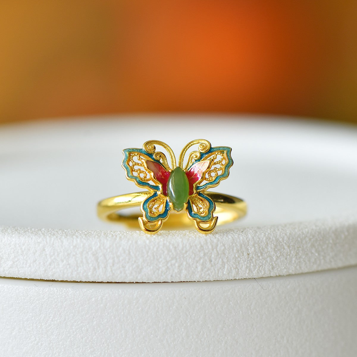 S925 Silver Enamel Nephrite Jade Butterfly Marquise Ring - Unique Design