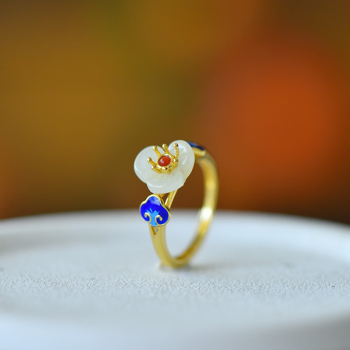 S925 Sterling Silver Nephrite Jade Five-Petal Flower Ring