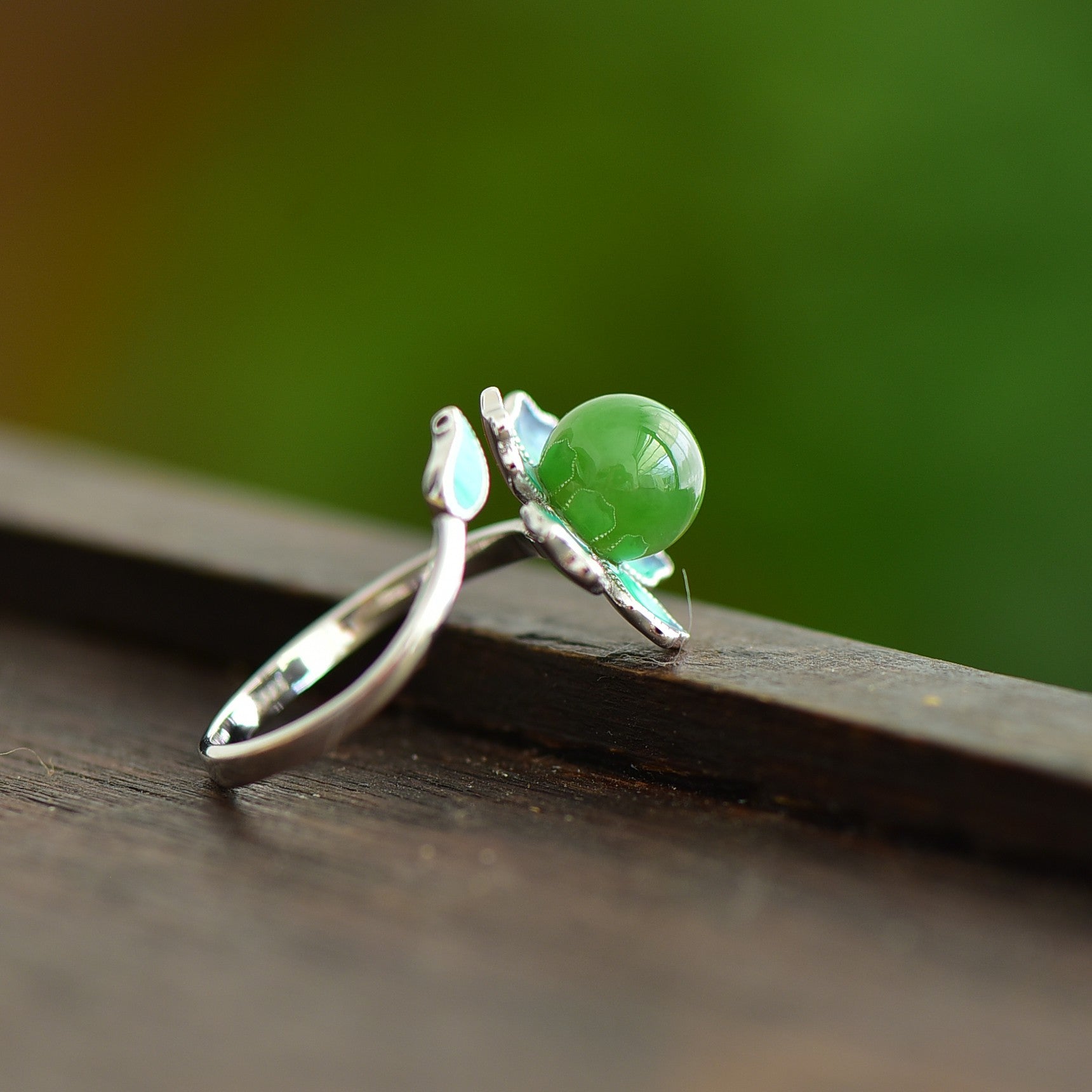S925 Sterling Silver Nephrite Green Jade Lotus Enamel Ring