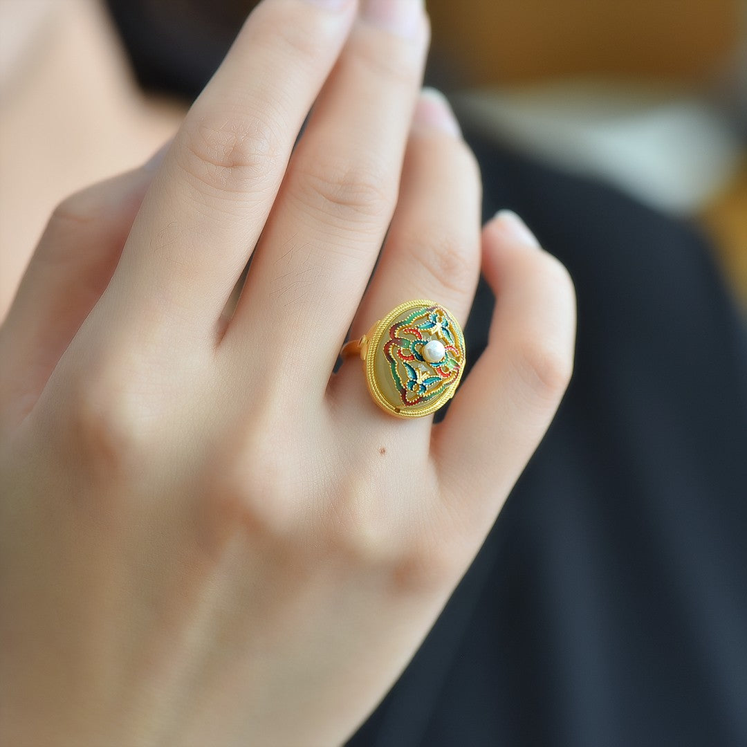 S925 Silver Enamel Nephrite Jade Butterfly & Pearl Ring