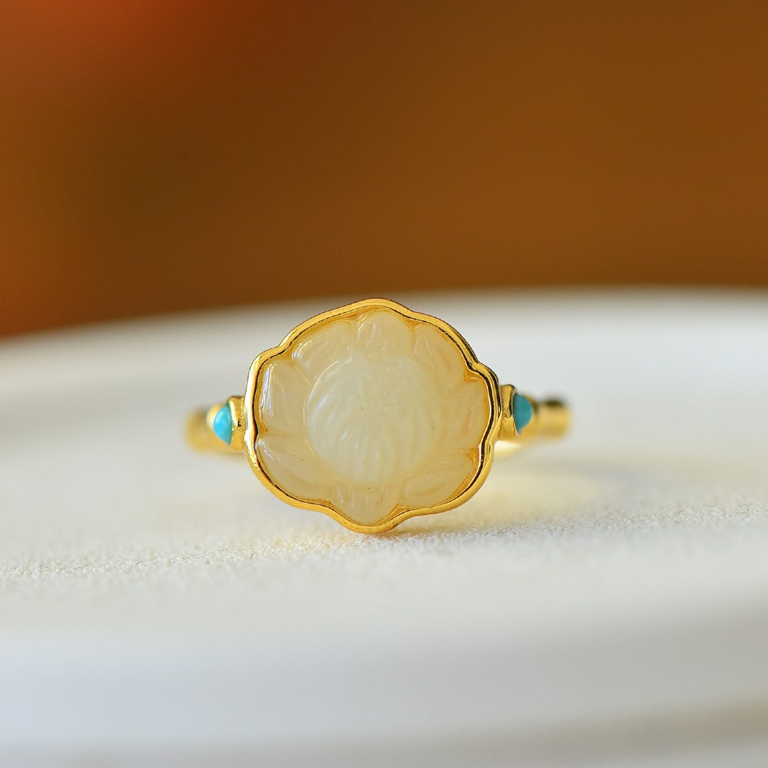S925 Silver Nephrite Jade Lotus Ruyi Ring - Elegant Style