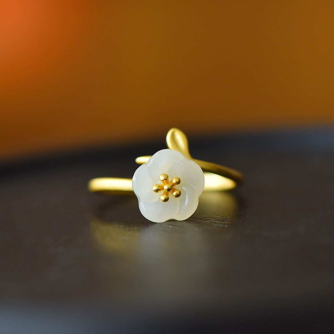 S925 Silver Nephrite Jade Five-Petal Flower Ring - Modern Fashion