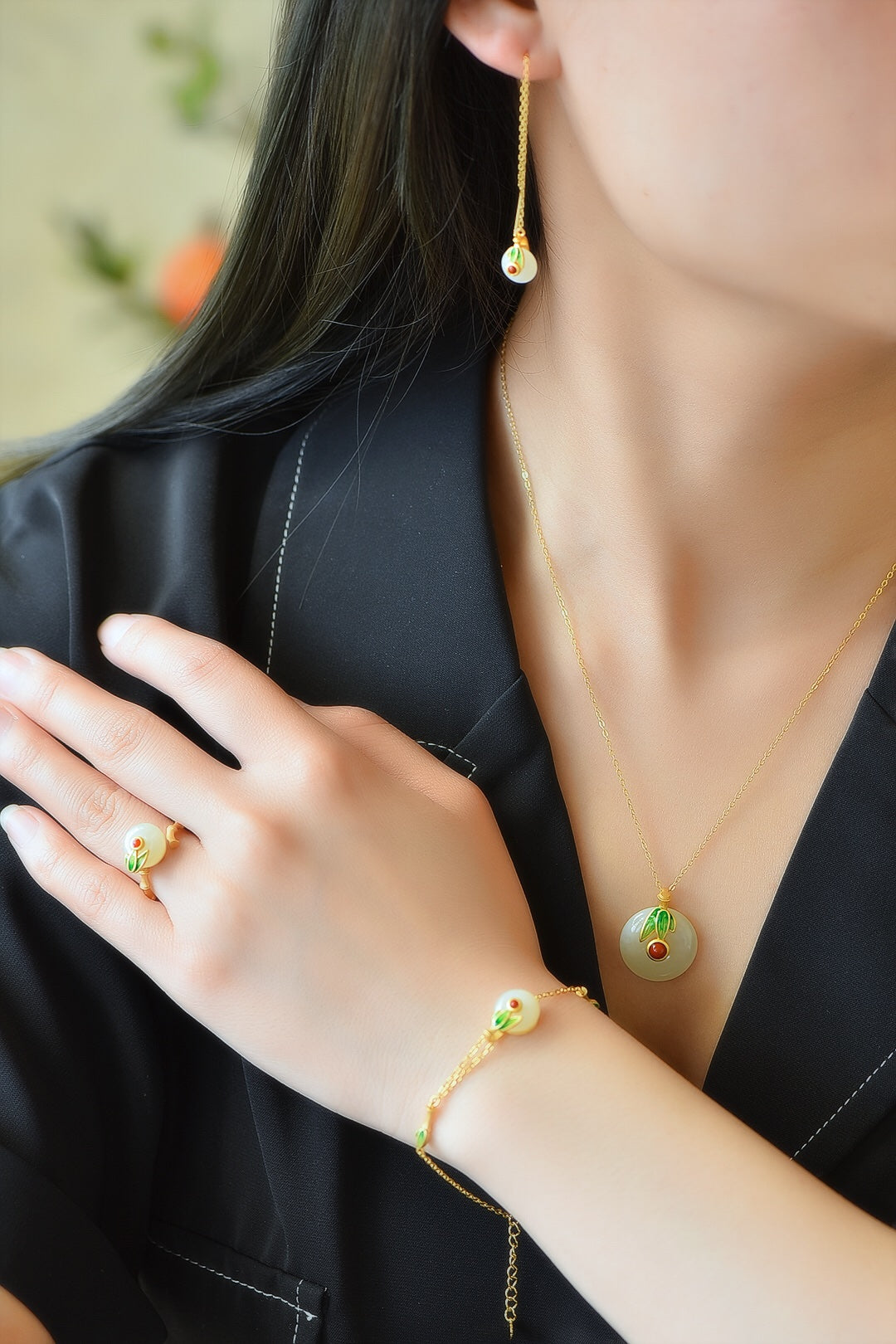 S925 Sterling Silver Nephrite Jade Bamboo Charm Jewelry Set