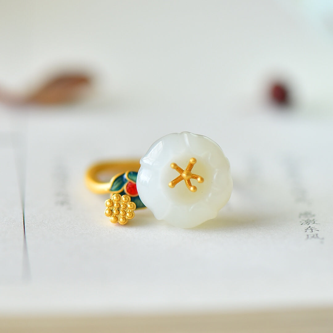 S925 Silver Ancient Method Nephrite Jade Lotus Ring - Elegant Style