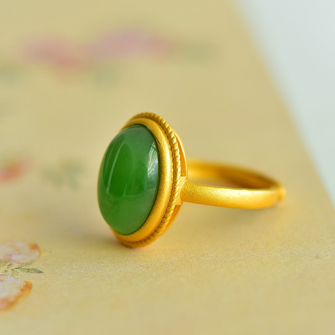 S925 Silver Nephrite Jade Ruyi Frosted Gold Ring - Artisan Design