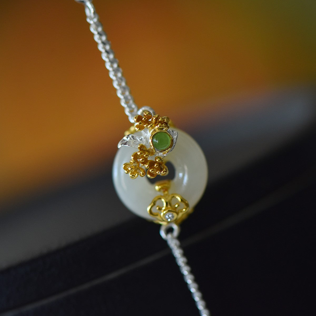 S925 Sterling Silver Nephrite Jade Flower Goddess August Osmanthus Jewelry Set