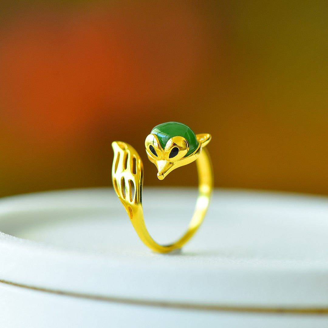 S925 Sterling Silver Nephrite Green Jade Fox Ring - Unique Luck Jewelry