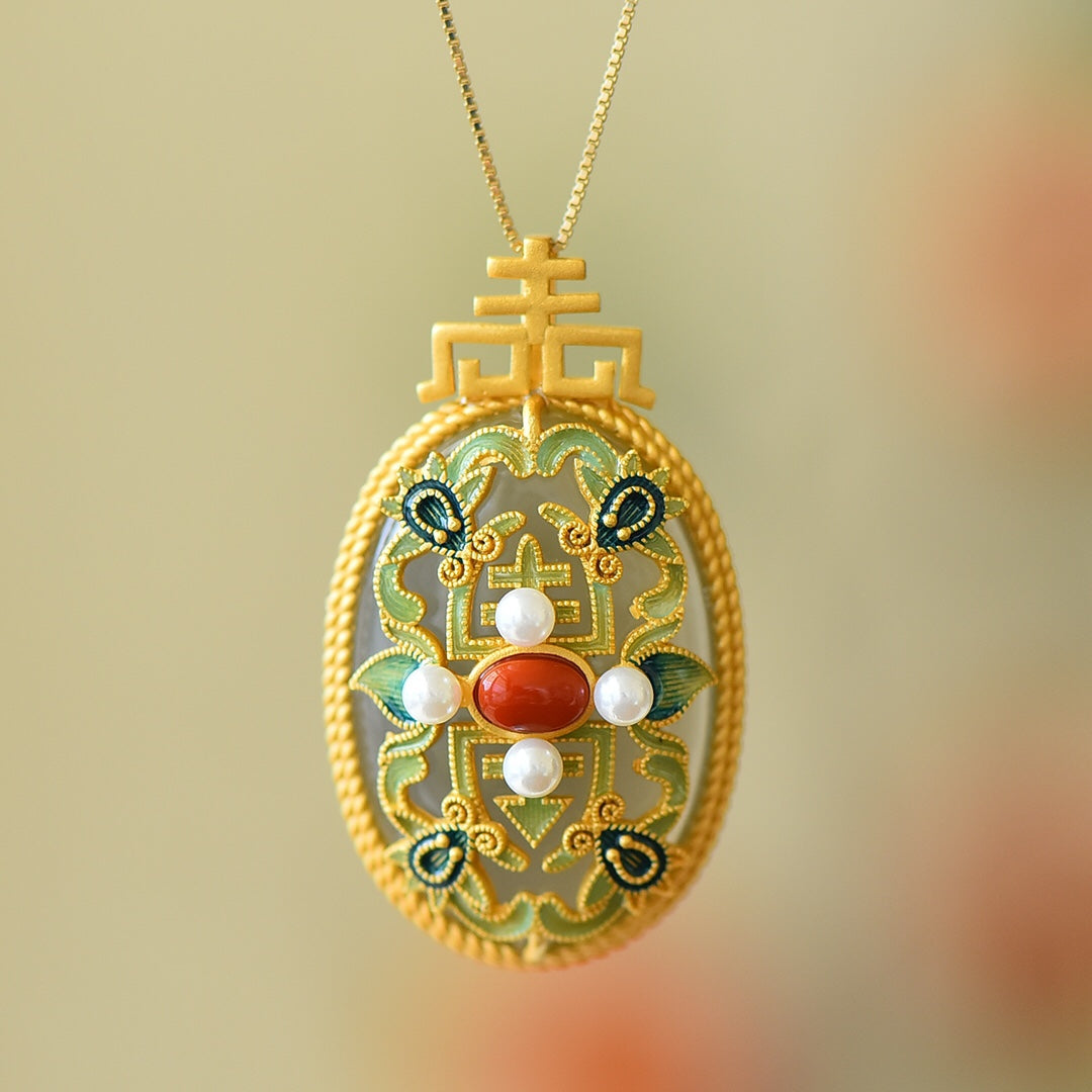 S925 Silver Ancient Method Enamel Nephrite Jade Jewelry Set
