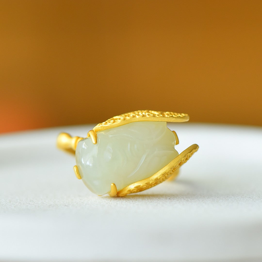 S925 Sterling Silver Nephrite Jade Cicada of Success Ring
