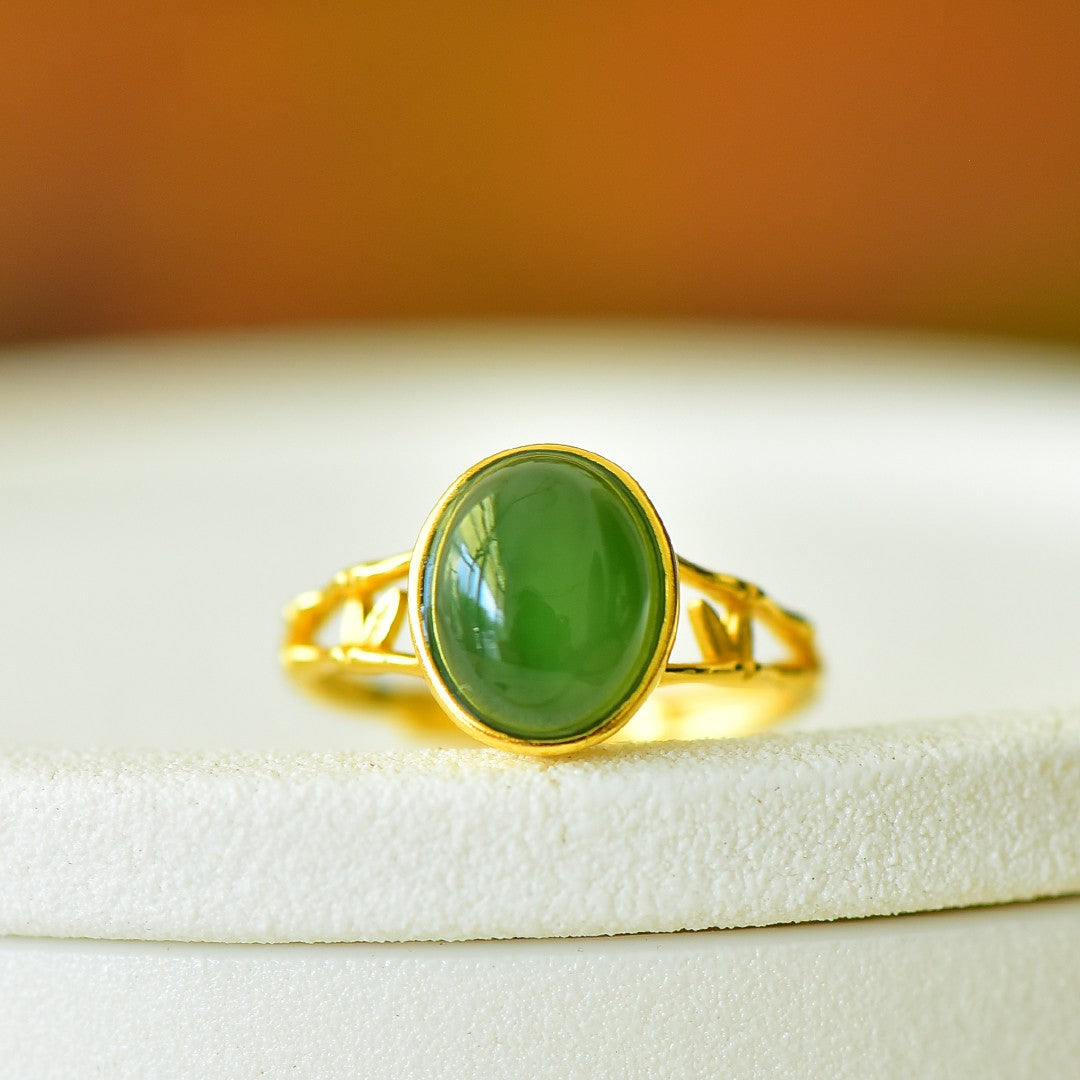 S925 Sterling Silver Nephrite Green Jade Rising Success Bamboo Ring