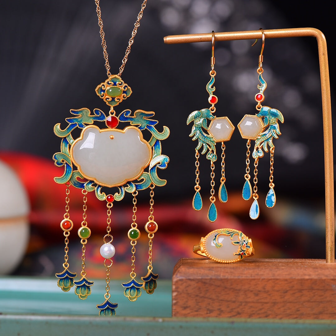 S925 Sterling Silver Ancient Method Enamel Nephrite Jade Jewelry Set