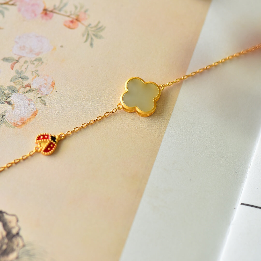 S925 Silver Enamel Nephrite Jade Bangle - Rose Flower Eight Treasures Design