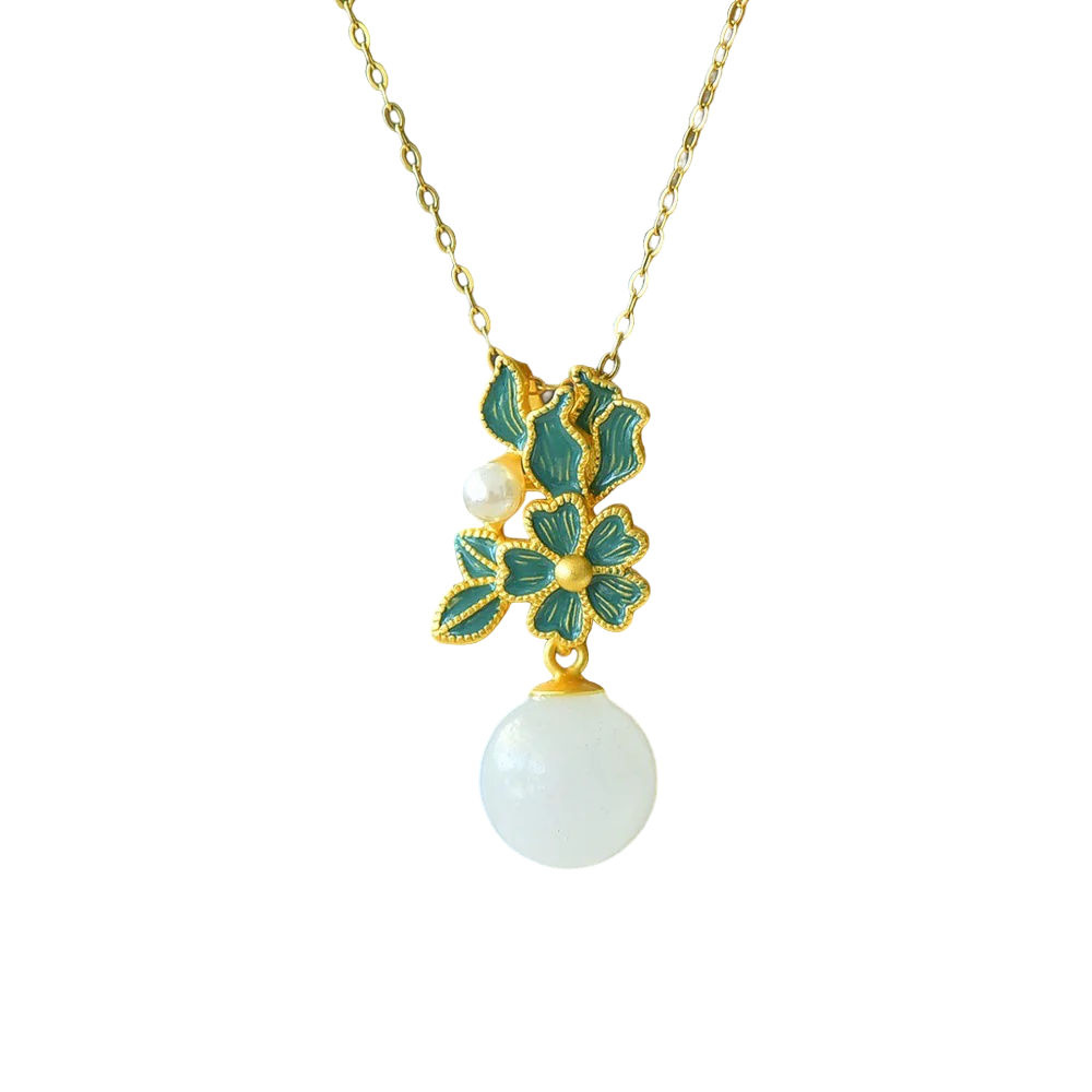 S925 Sterling Silver Nephrite Jade Summer Flower Jewelry Set