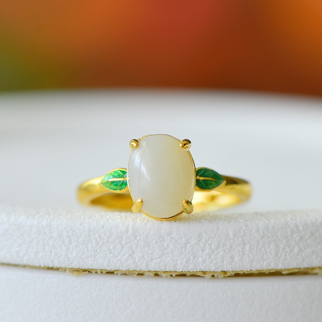 S925 Silver Enamel Nephrite Jade Noble Leaf Ring - Elegant Blossom