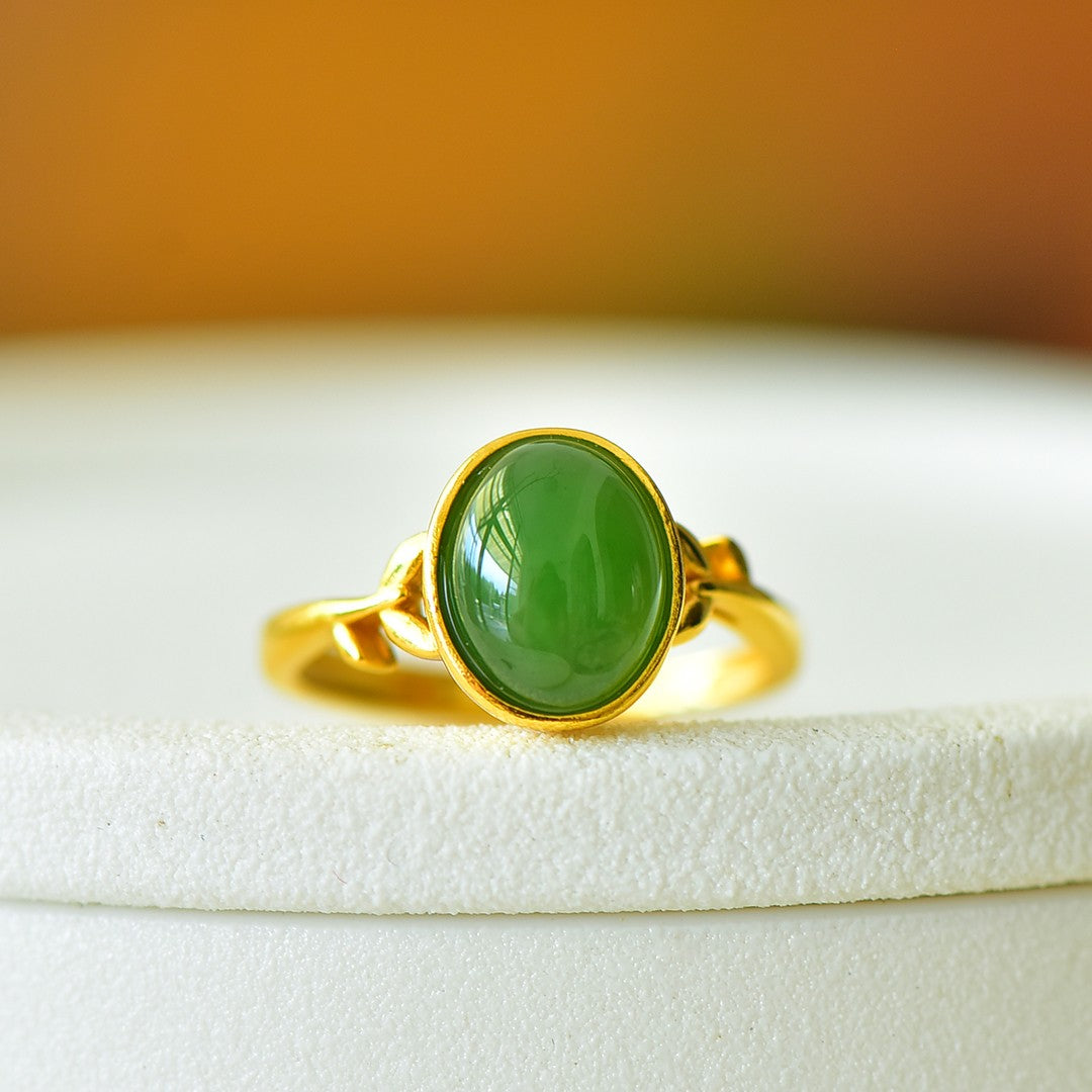 S925 Silver Nephrite Green Jade Success Ring - Elegant Design