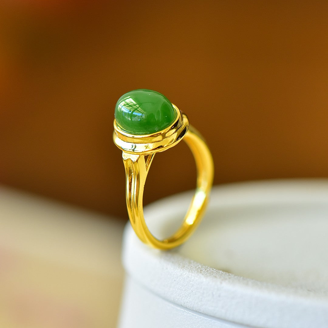 S925 Silver Enamel Nephrite Jade Cabochon Ring - Simple Style