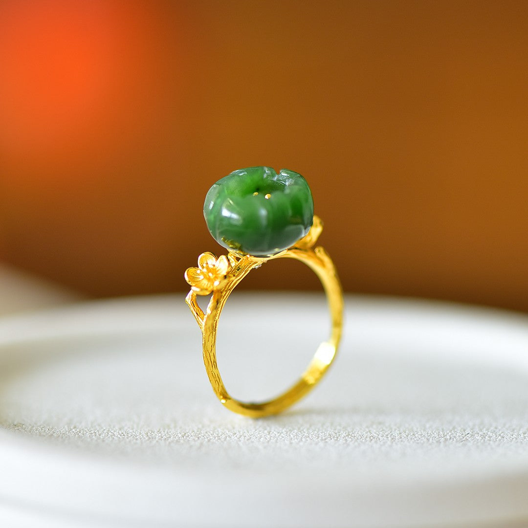 S925 Silver Nephrite Green Jade Lotus Flower Ring - Pure Silver Style