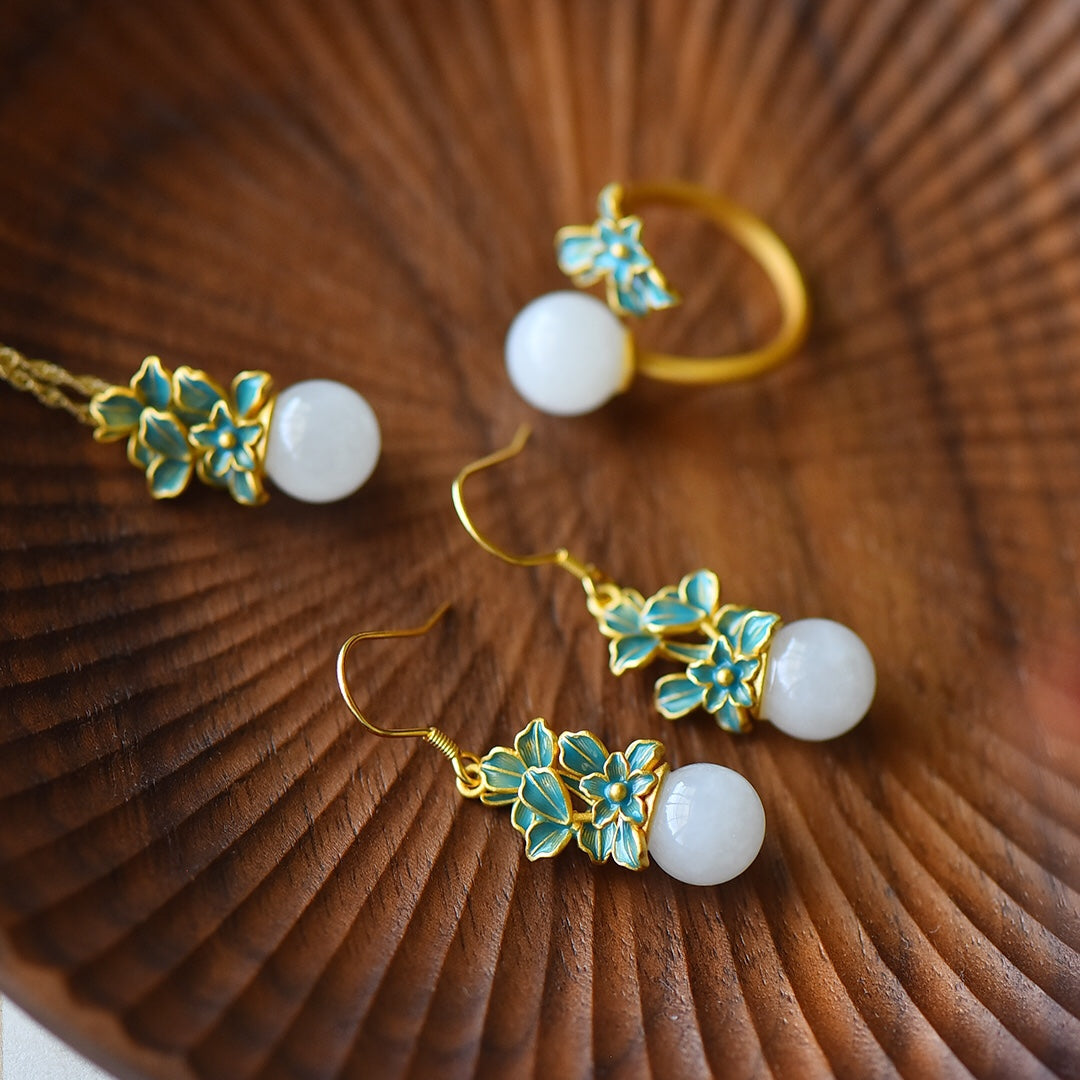 S925 Sterling Silver Nephrite Jade Spring Three-Piece Jewelry Set