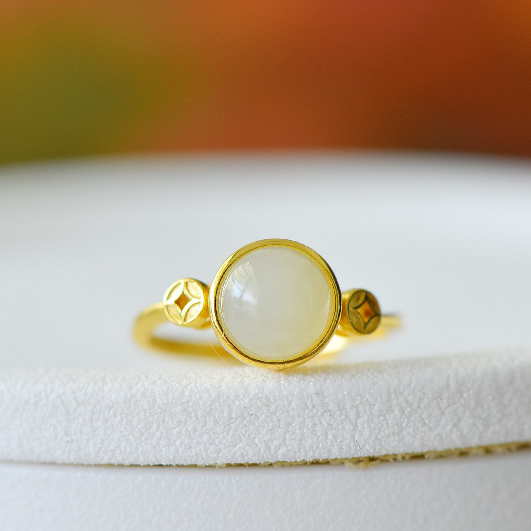 S925 Sterling Silver Nephrite Jade Prosperity Ring - Success Motif