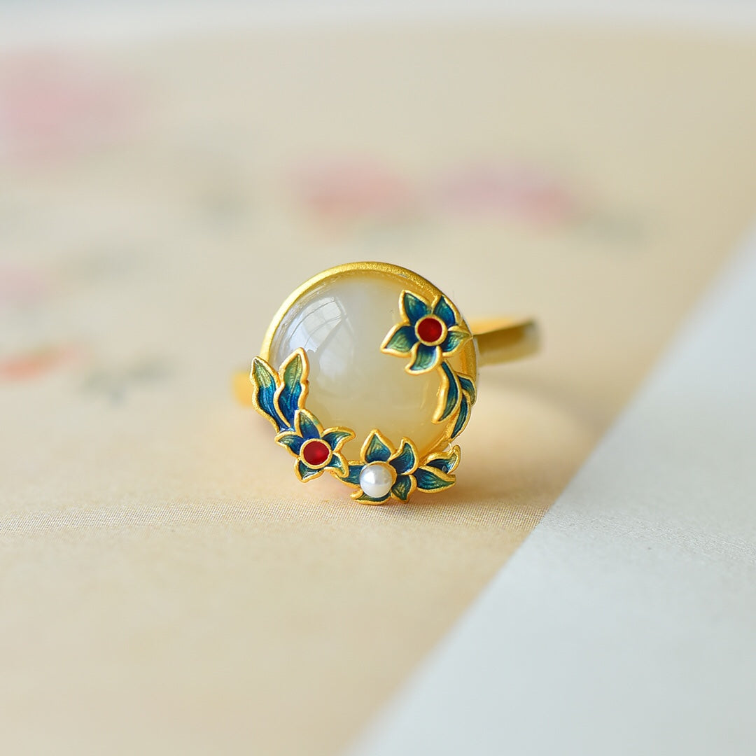 S925 Silver Enamel Nephrite Jade Ring - Modern Fashion Jewelry