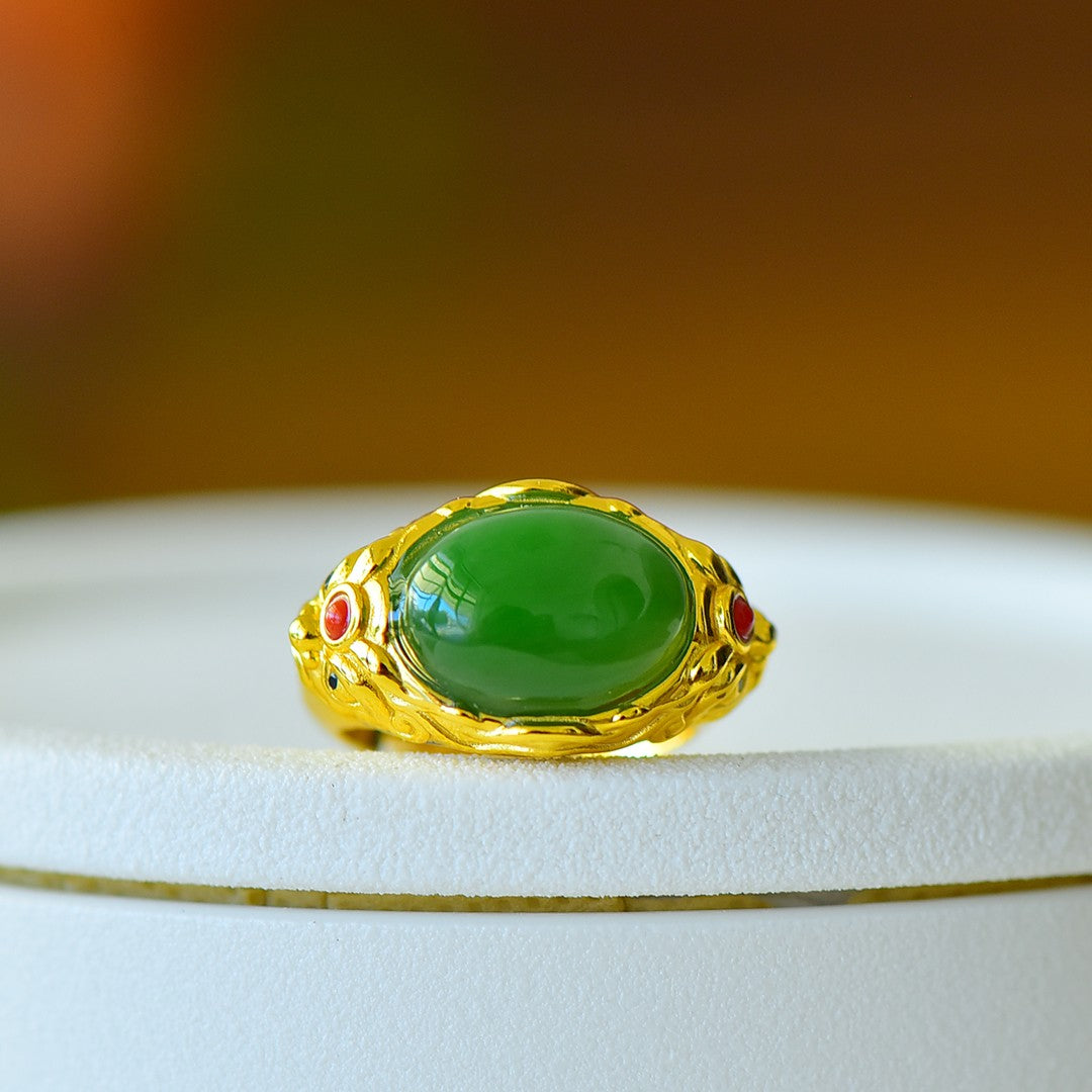 S925 Silver Enamel Nephrite Green Jade Peace & Longevity Ring