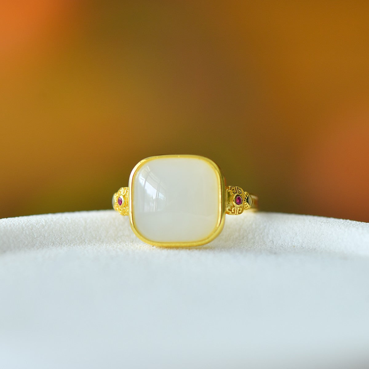 S925 Silver Nephrite Jade Sugar Cube Simple Silver Ring
