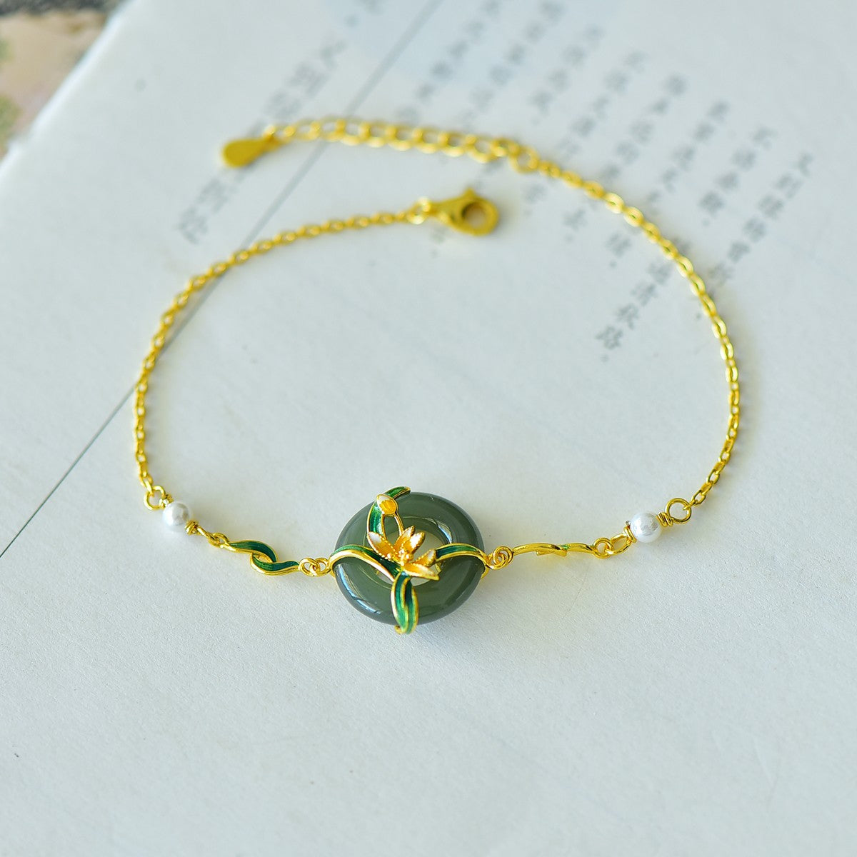S925 Silver Nephrite Jade Bangle - Lotus & Peace Ring Artisan Style