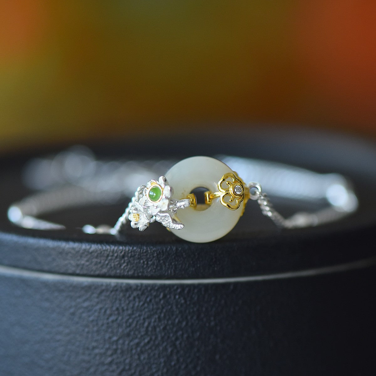 S925 Silver Nephrite Jade Bangle - Flower Goddess September Chrysanthemum