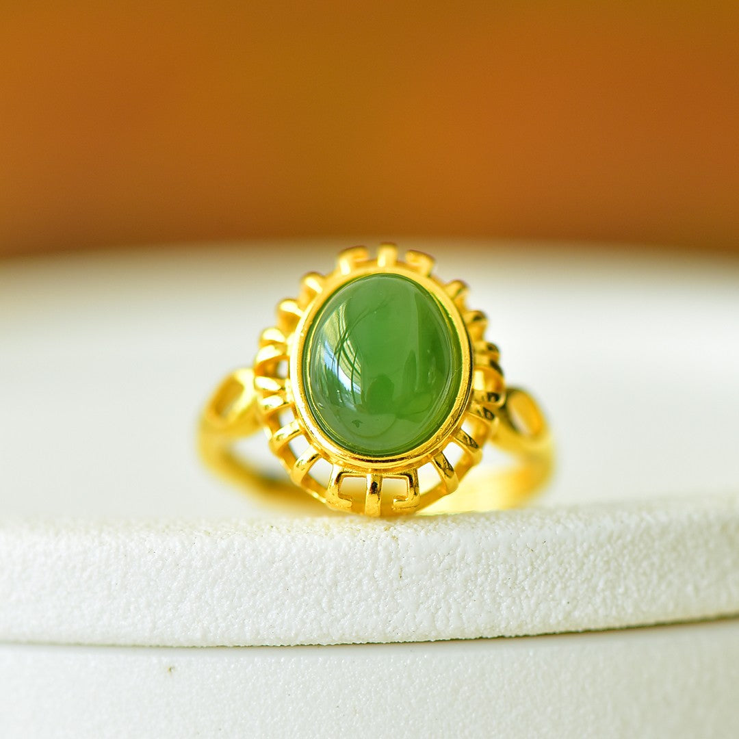S925 Sterling Silver Enamel Nephrite Jade Cabochon Ring - Modern Style