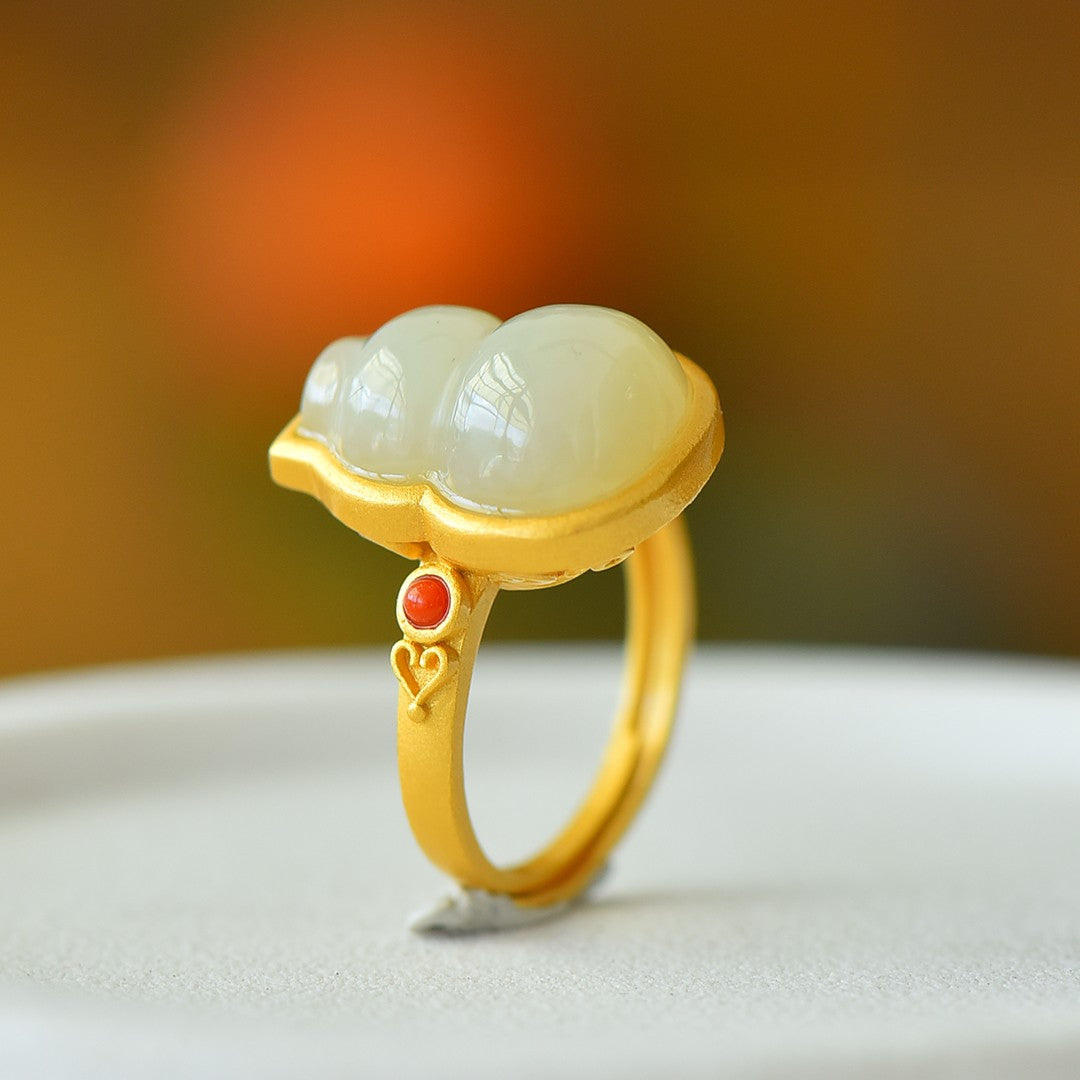 S925 Silver Nephrite White Jade Gourd Hulu Ring - Elegant Simple