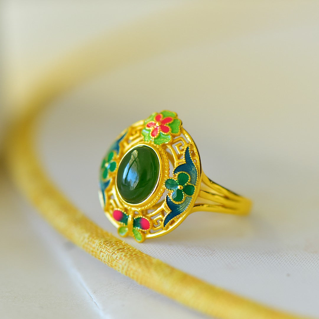 S925 Sterling Silver Enamel Nephrite Green Jade Butterfly & Flower Ring