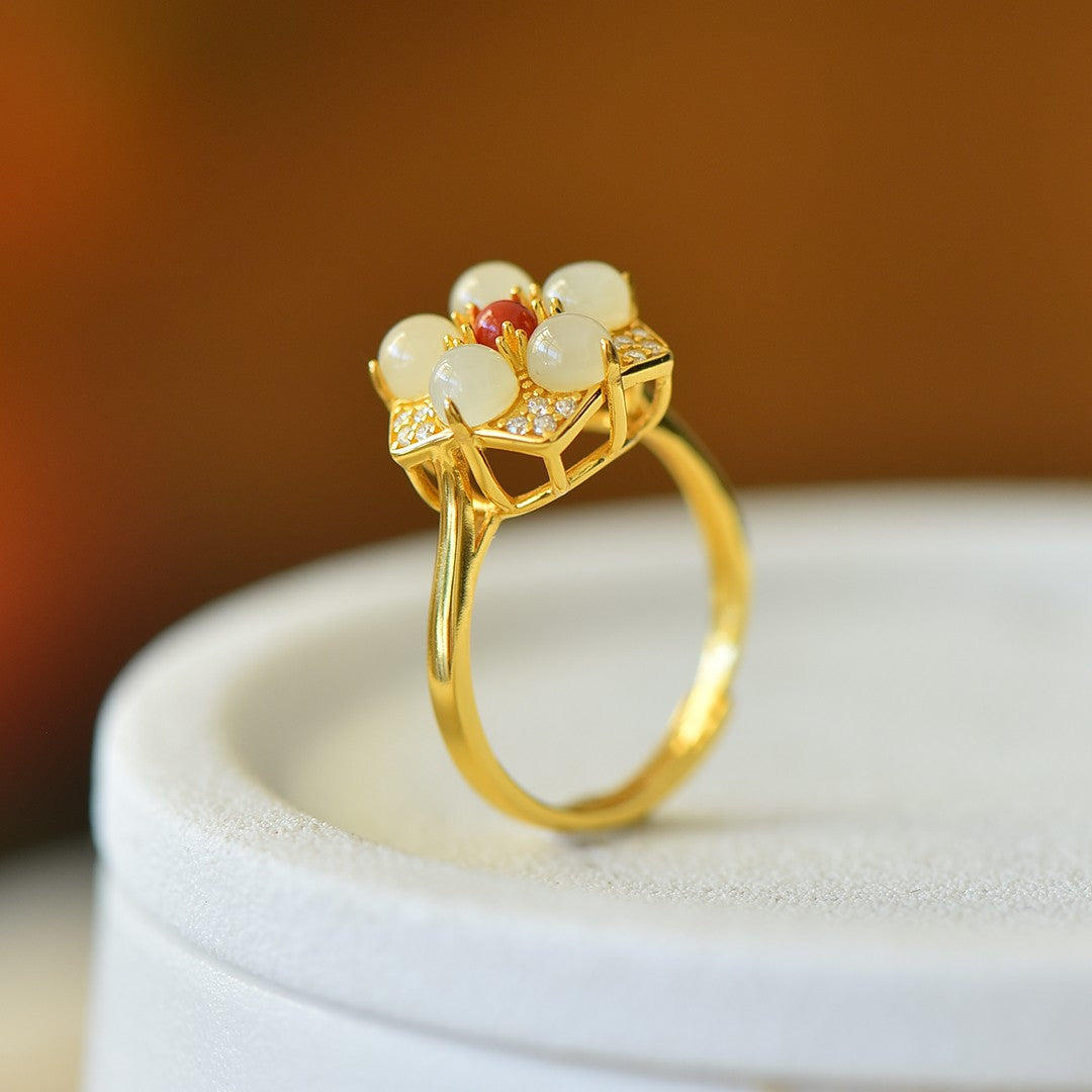 S925 Sterling Silver Nephrite Jade Five-Petal Flower Ring - Delicate