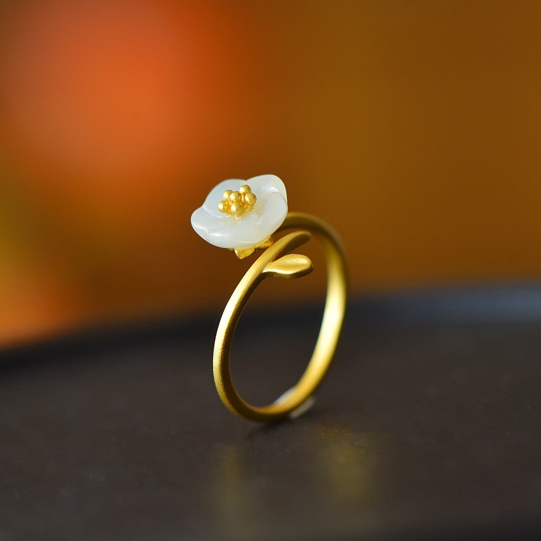 S925 Silver Nephrite Jade Five-Petal Flower Ring - Modern Fashion