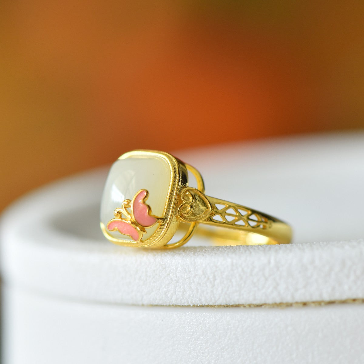S925 Sterling Silver Enamel Nephrite Jade Butterfly Square Drum Ring