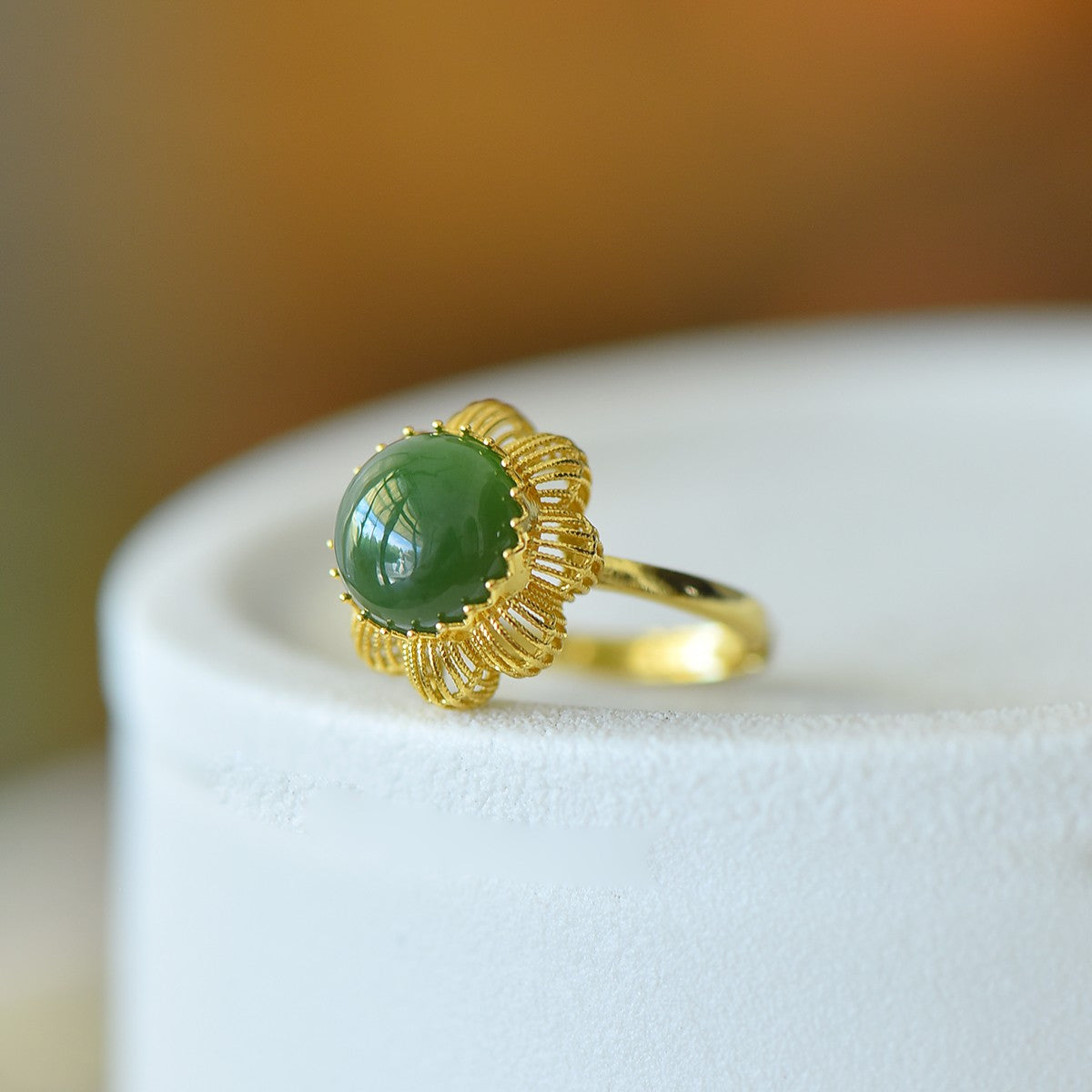 S925 Silver Nephrite Jade Cabochon Hollow-out Ring - Unique Design