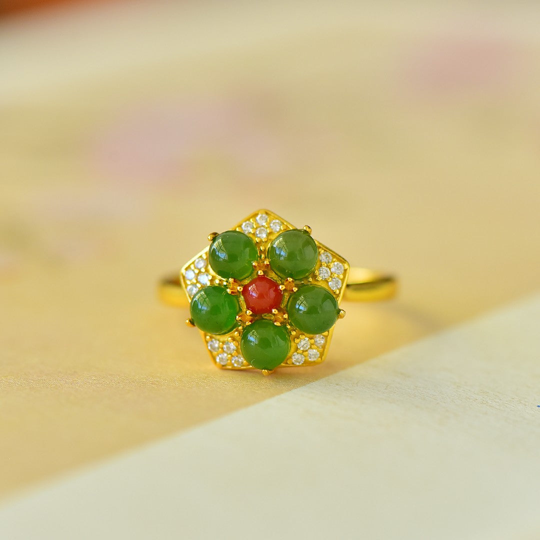 S925 Sterling Silver Nephrite Green Jade Five-Petal Flower Ring