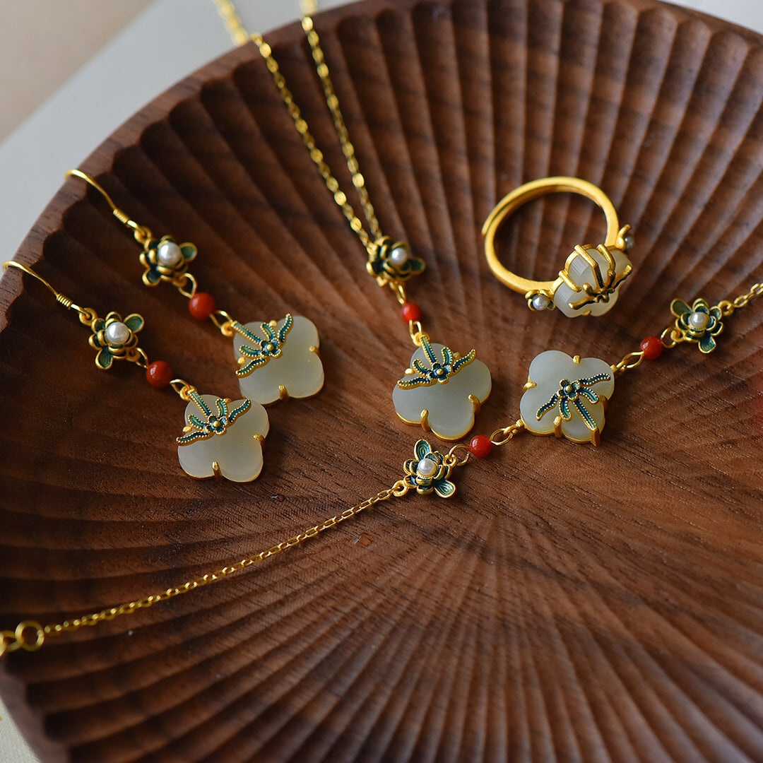 S925 Silver Nephrite Jade Orchid Clover Jewelry Set - Luck Collection