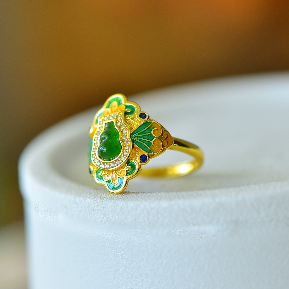 S925 Sterling Silver Nephrite Jade Full of Luck Gourd Ring